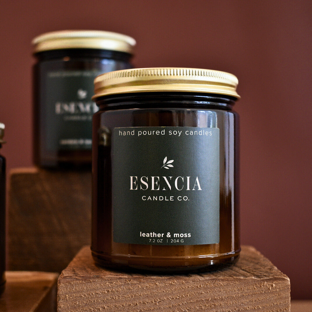 leather and moss soy candle amber jar 